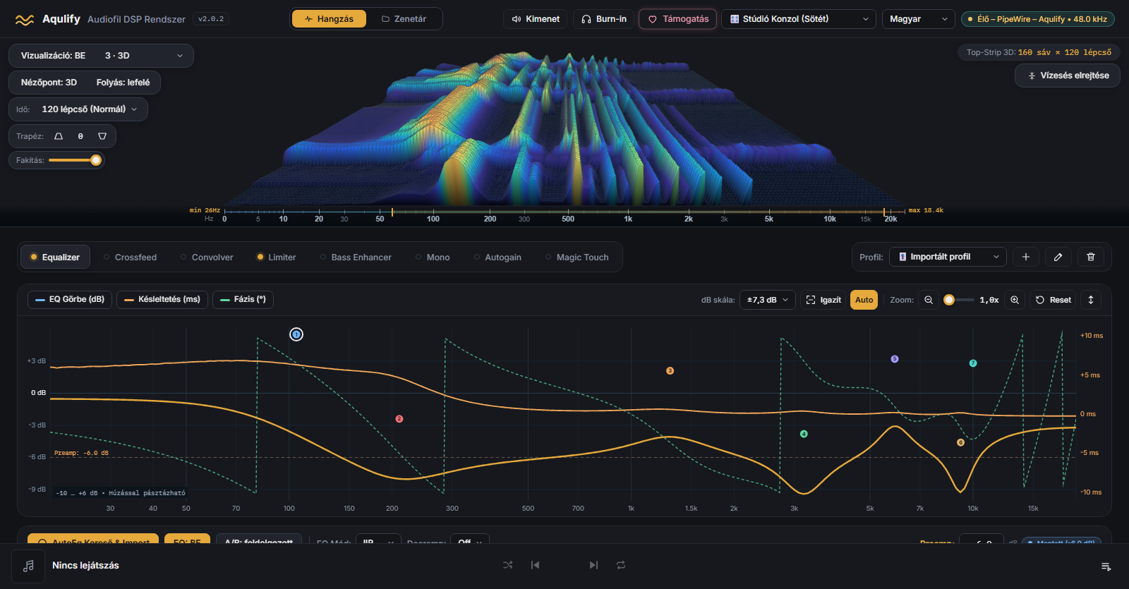 The Aqulify interface: a live 3D waterfall of the spectrum, below it the parametric EQ curve with the phase and delay curves.